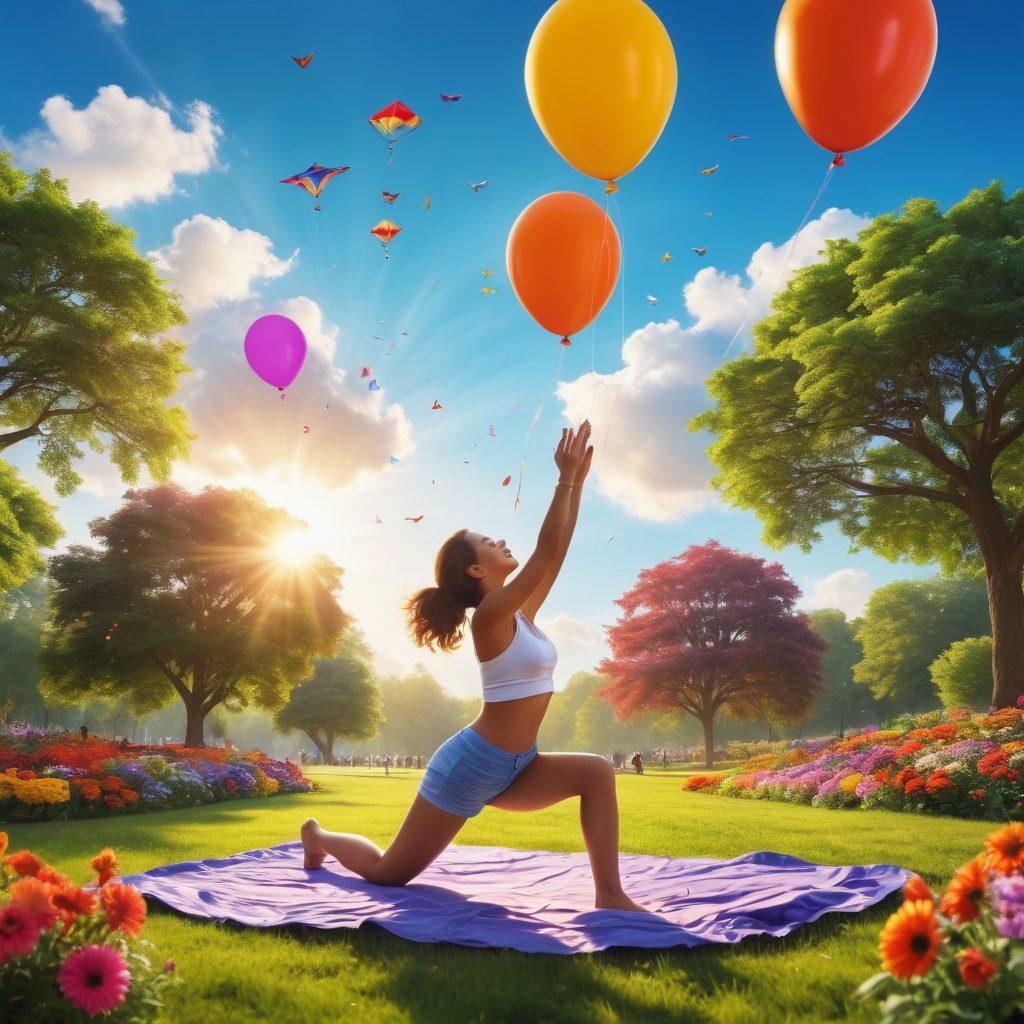 A joyful scene depicting a sunlit park filled with diverse people engaging in cheerful activities like laughing, dancing, and picnicking, surrounded by vibrant flowers and lush greenery. The sky is a brilliant blue with fluffy white clouds, radiating warmth and happiness. Include elements of mindfulness, like people meditating or practicing yoga. Add colorful balloons and kites flying in the background to enhance the playful atmosphere. bright colors. super-realistic. cheerful mood.