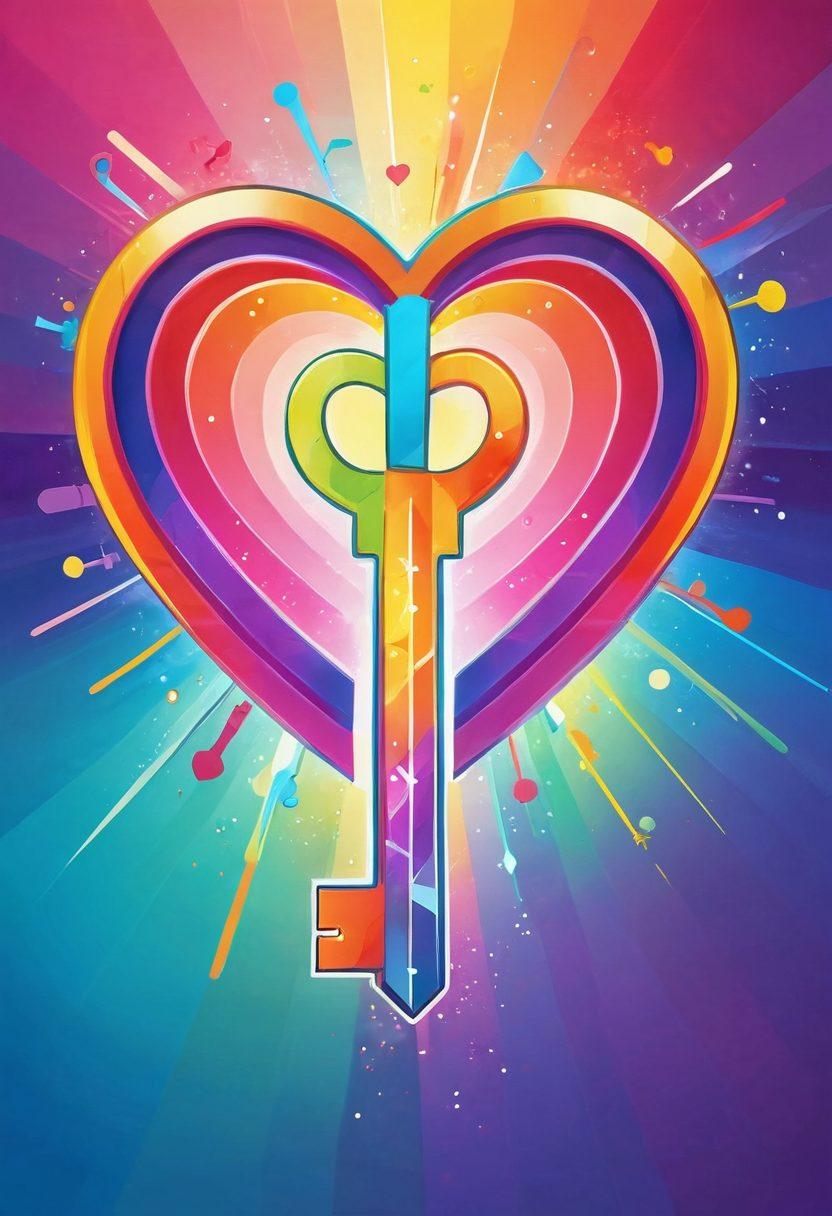 A radiant key unlocking a glowing heart, symbolizing joy and elation. Surround the key with vibrant, colorful strategies represented by playful geometric shapes and flowing lines, creating a sense of movement and excitement. The background features soft, uplifting colors that evoke happiness and positivity. Include subtle sparkles and light bursts to enhance the feeling of unlocking potential. vibrant colors. super-realistic.