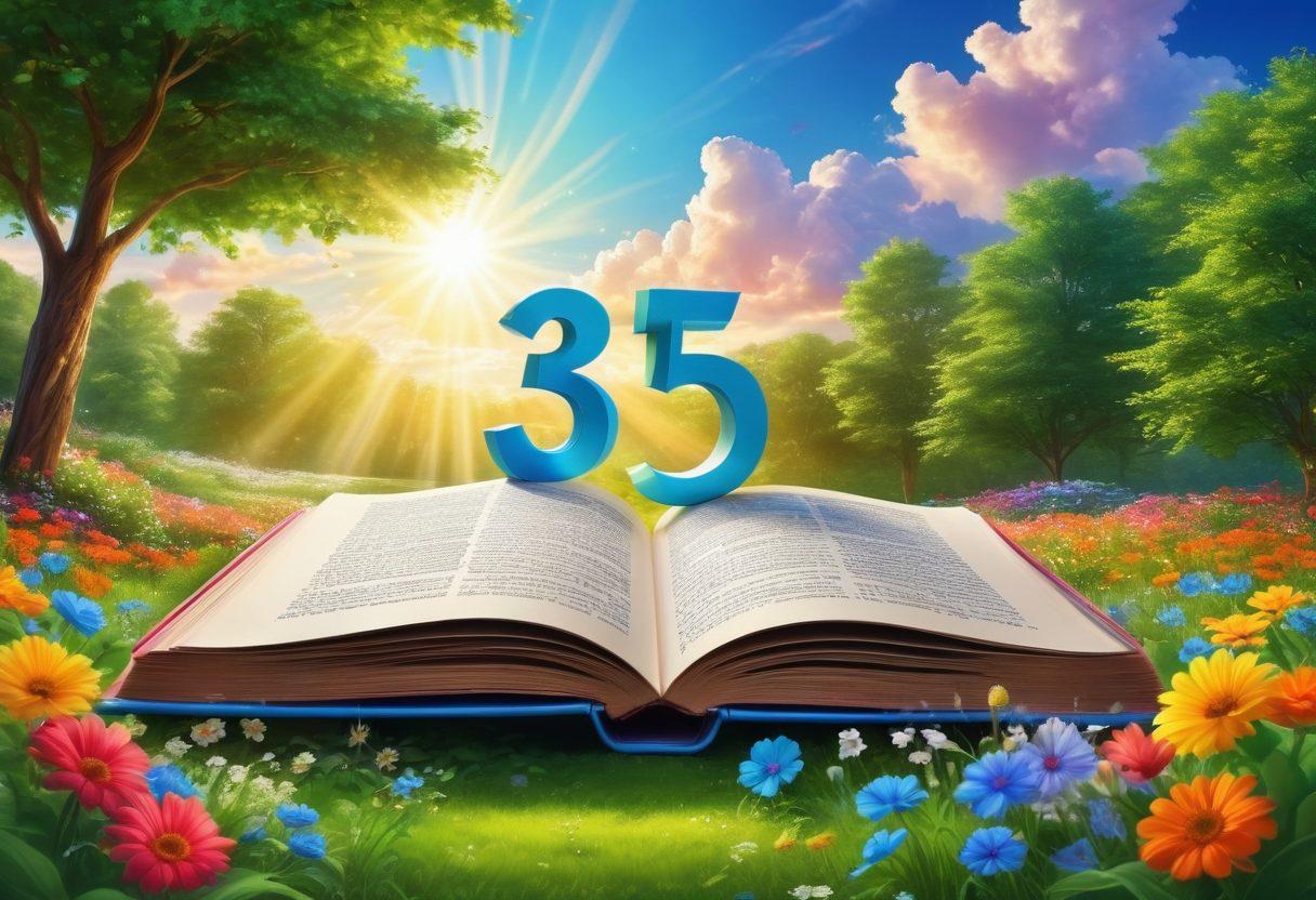 A whimsical scene featuring an open colorful book with alphanumeric symbols dancing around it, radiating bright rays of happiness. A person with a joyful expression is sitting beside the book, surrounded by lush greenery and vibrant flowers symbolizing a cheerful life. The sky is bright blue, with fluffy clouds. The setting has an ethereal glow, reflecting positivity and vibrancy. vector art. vibrant colors. 3D.